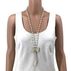 Faux Pearl Necklace Bow Tassel Pendant 30 Inch Length